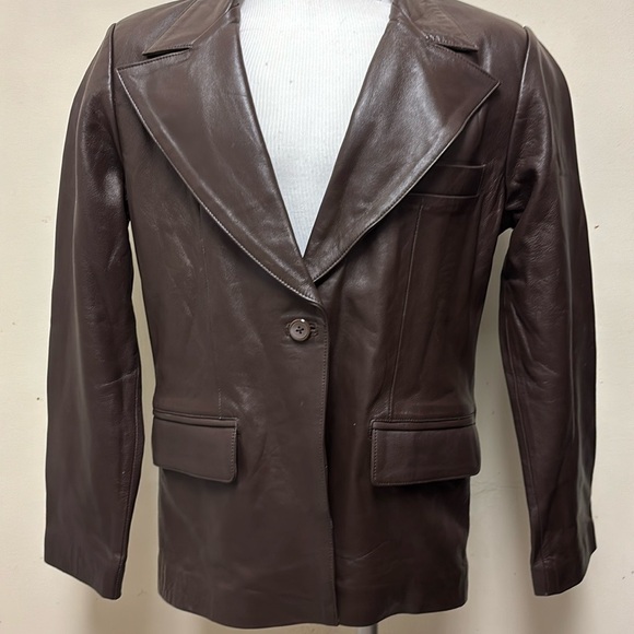 NOORA One-Button Leather Blazer Jacket Brown Sz L Lined Pockets - Picture 2 of 11